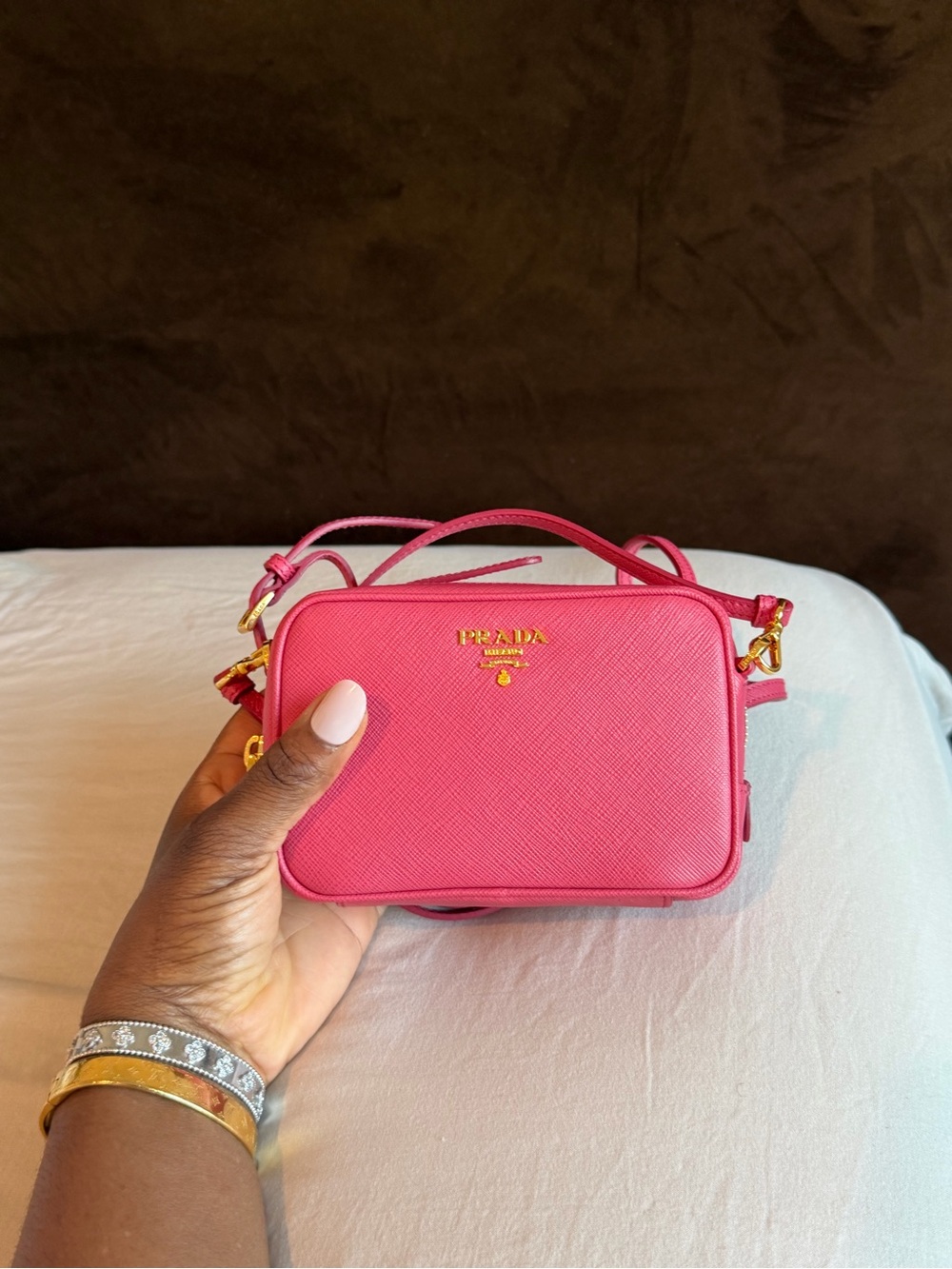 Prada Pink Saffiano Mini Crossbody with Gold Logo